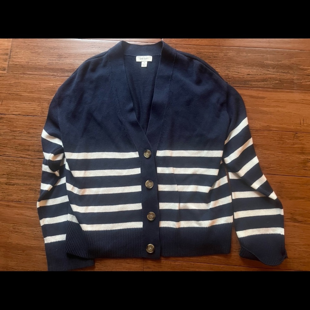 Navy Blue and White Striped Cardigan Sweater